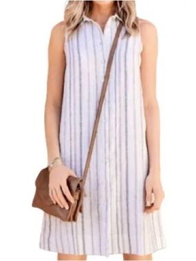 Garnet Hill sleeveless linen shirt shift dress vertical red and gray stripe 12